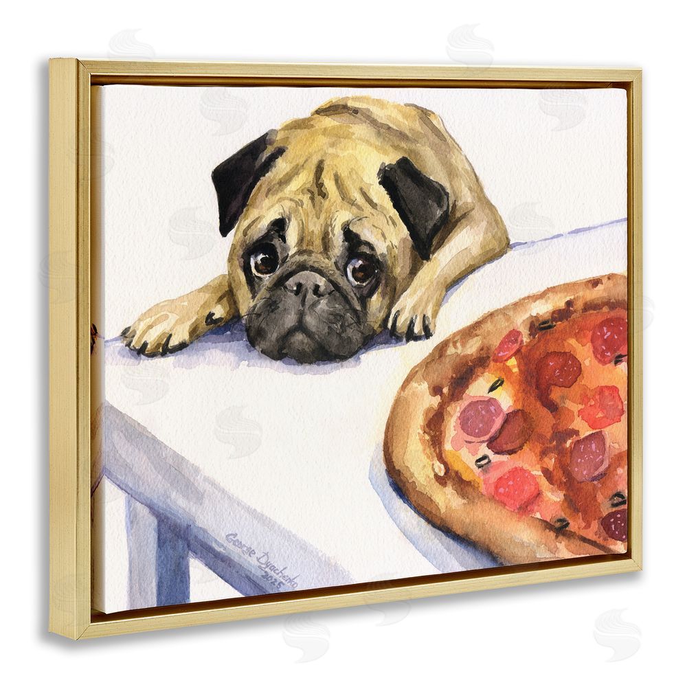 George Dyachenko Pug Really Wants Pizza Gold Floating Frame Canvas Wall Art Print