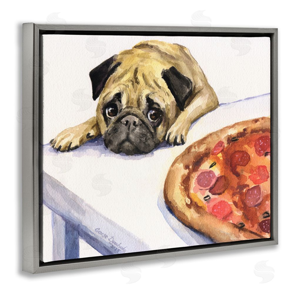 George Dyachenko Pug Really Wants Pizza Gray Floating Frame Canvas Wall Art Print