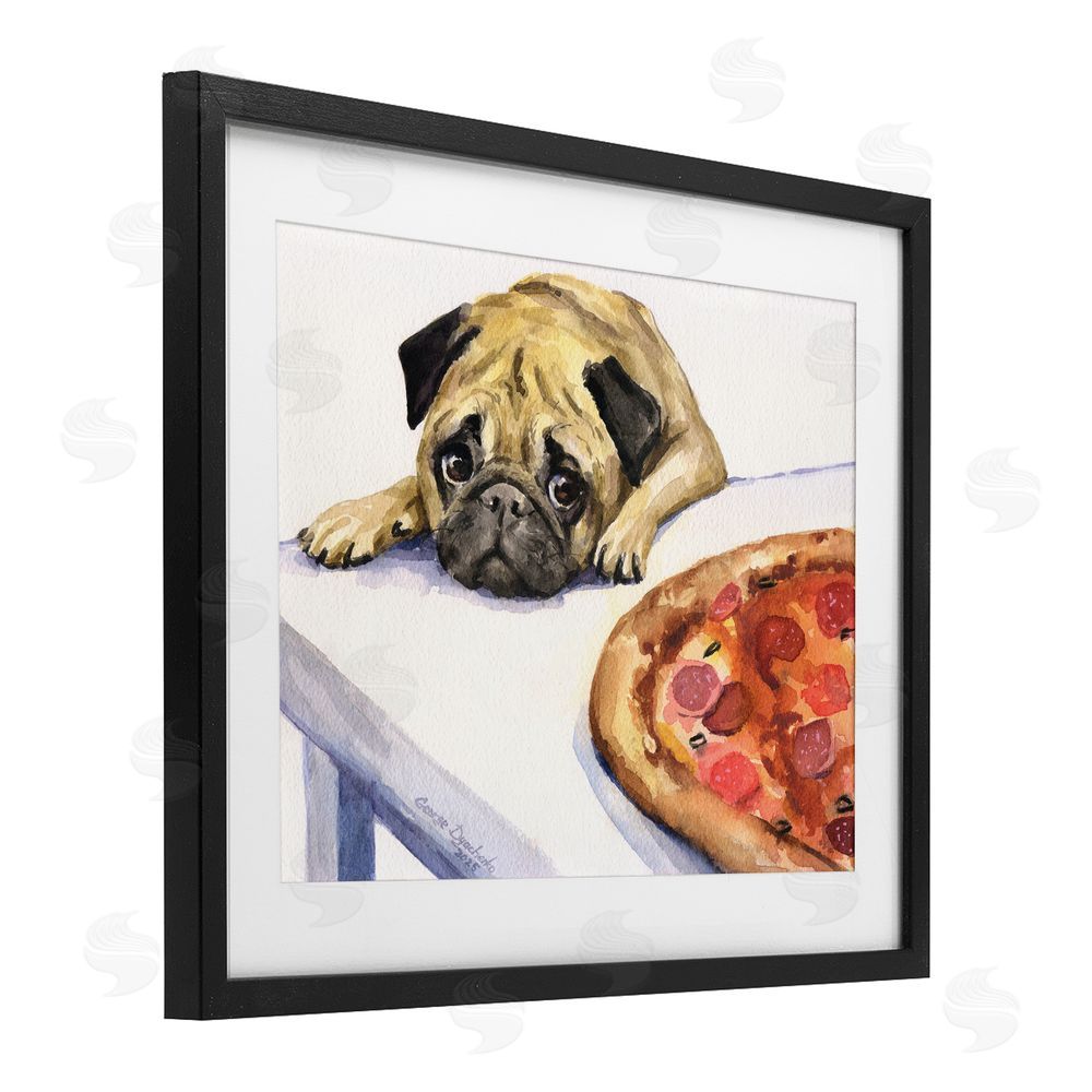 George Dyachenko Pug Really Wants Pizza Black Framed Print Under Glass with White Mat Wall Art
