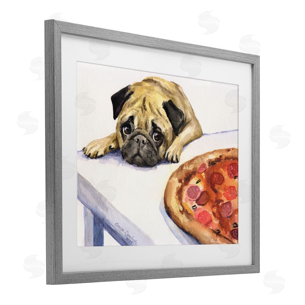 George Dyachenko Pug Really Wants Pizza Gray Framed Print Under Glass with White Mat Wall Art