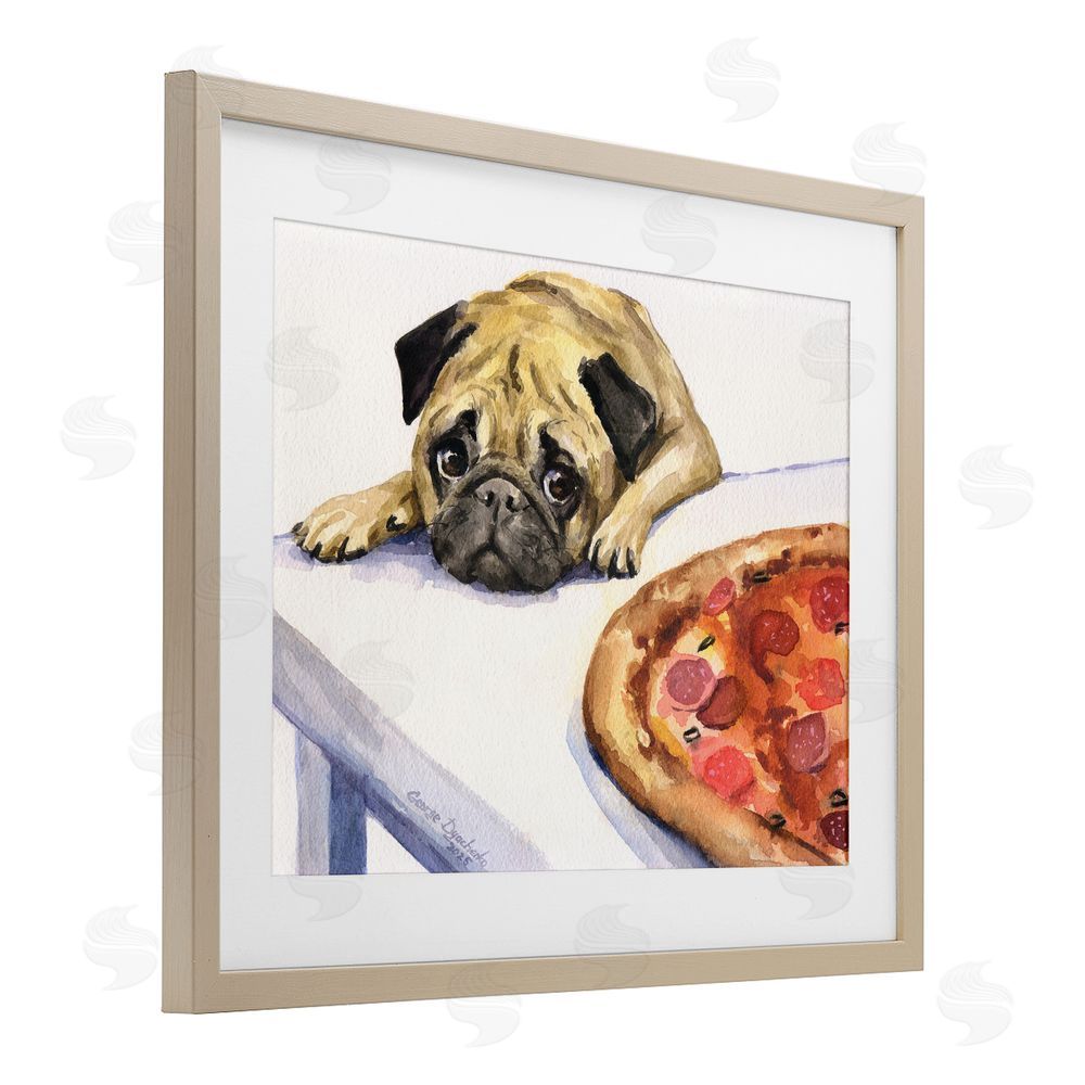 George Dyachenko Pug Really Wants Pizza Birch Framed Print Under Glass with White Mat Wall Art