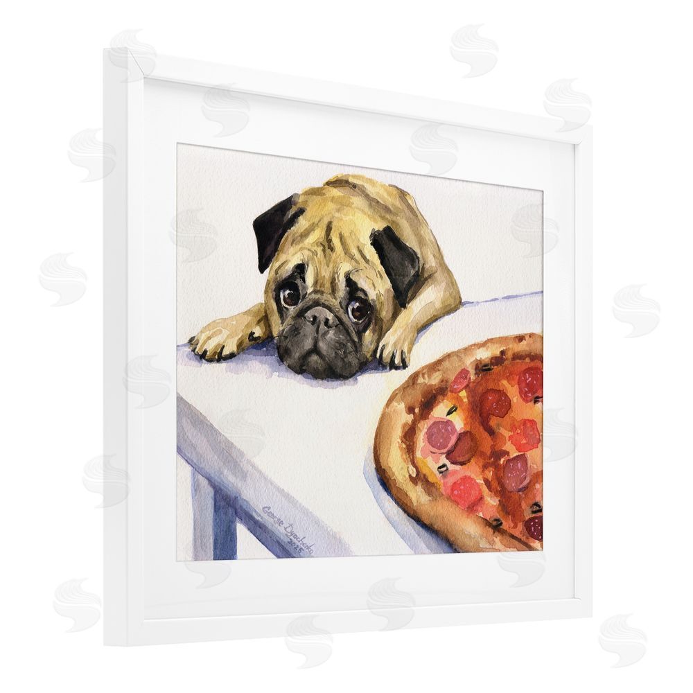 George Dyachenko Pug Really Wants Pizza White Framed Print Under Glass with Mat Wall Art