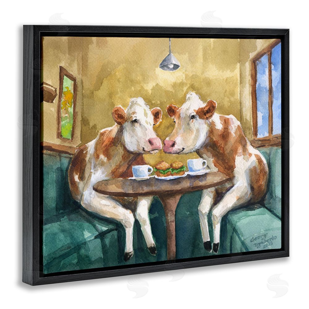George Dyachenko Two Cows Cafe Brunch Black Floating Frame Canvas Wall Art Print