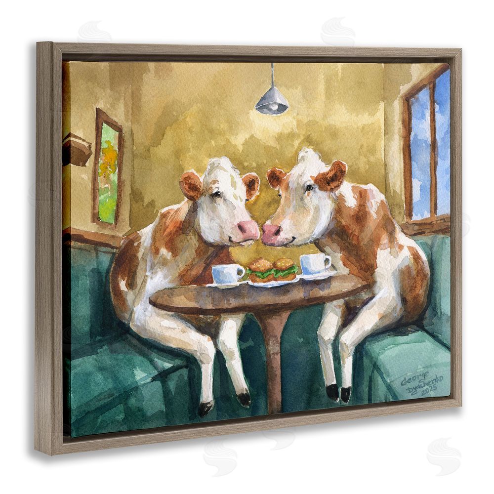George Dyachenko Two Cows Cafe Brunch Brown Floating Frame Canvas Wall Art Print