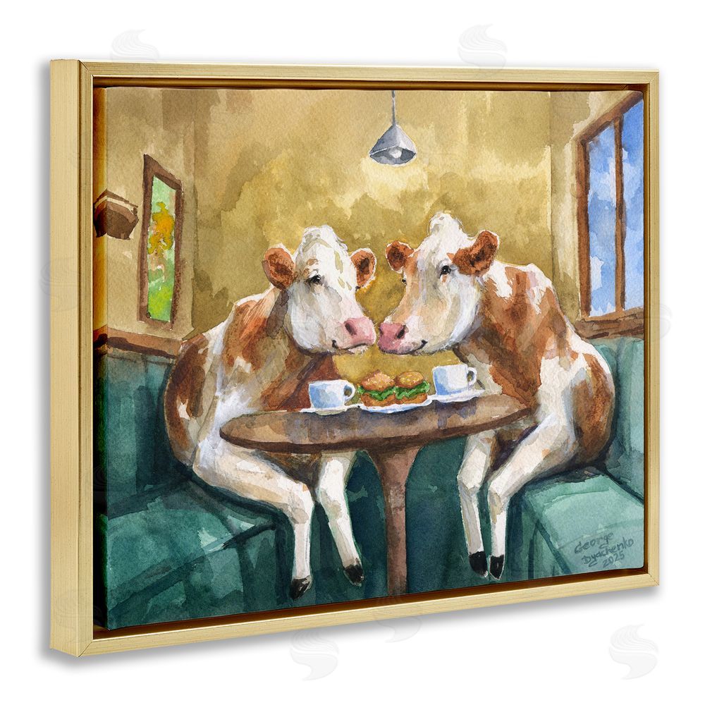 George Dyachenko Two Cows Cafe Brunch Gold Floating Frame Canvas Wall Art Print