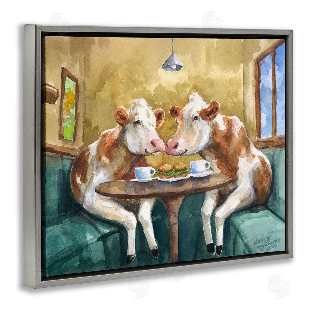 George Dyachenko Two Cows Cafe Brunch Gray Floating Frame Canvas Wall Art Print