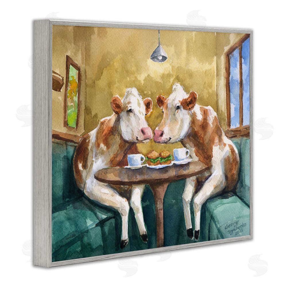 George Dyachenko Two Cows Cafe Brunch Gray Framed Giclee Wall Art Print
