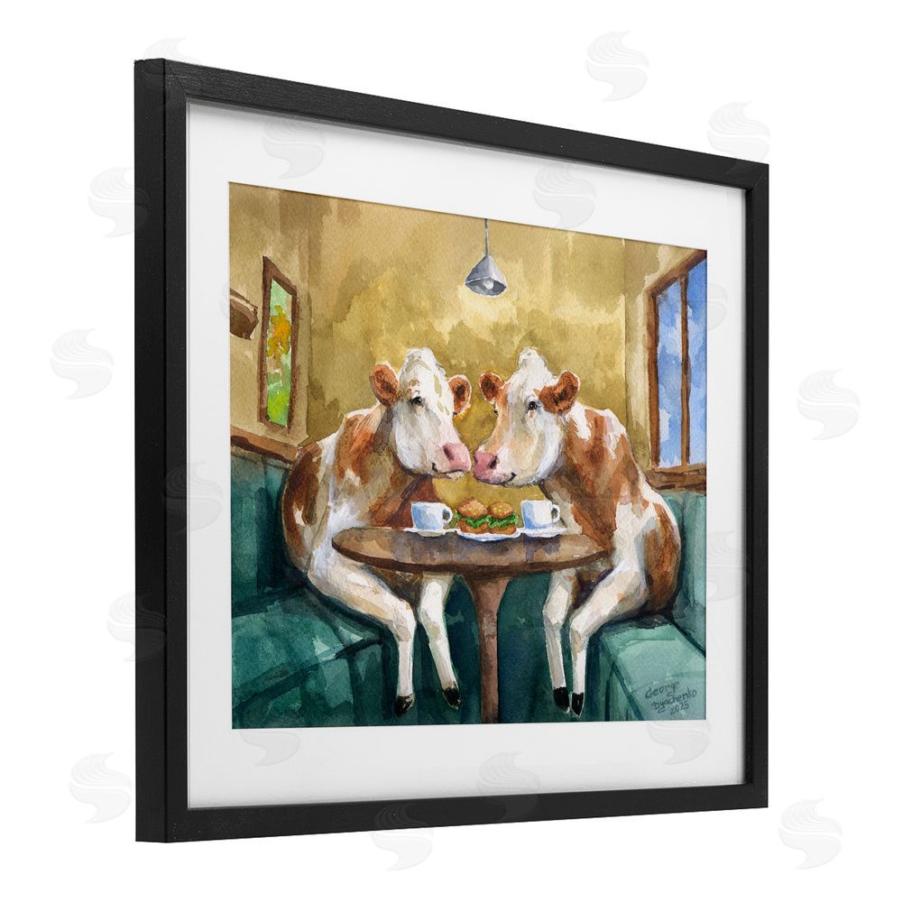 George Dyachenko Two Cows Cafe Brunch Black Framed Print Under Glass with White Mat Wall Art