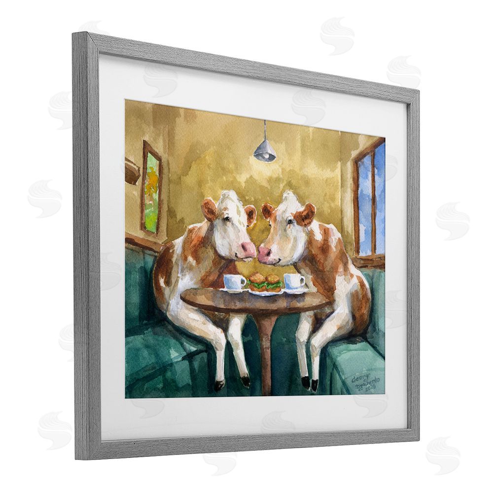 George Dyachenko Two Cows Cafe Brunch Gray Framed Print Under Glass with White Mat Wall Art