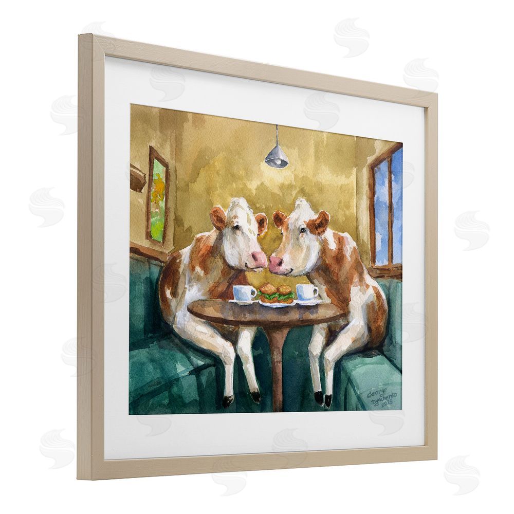 George Dyachenko Two Cows Cafe Brunch Birch Framed Print Under Glass with White Mat Wall Art