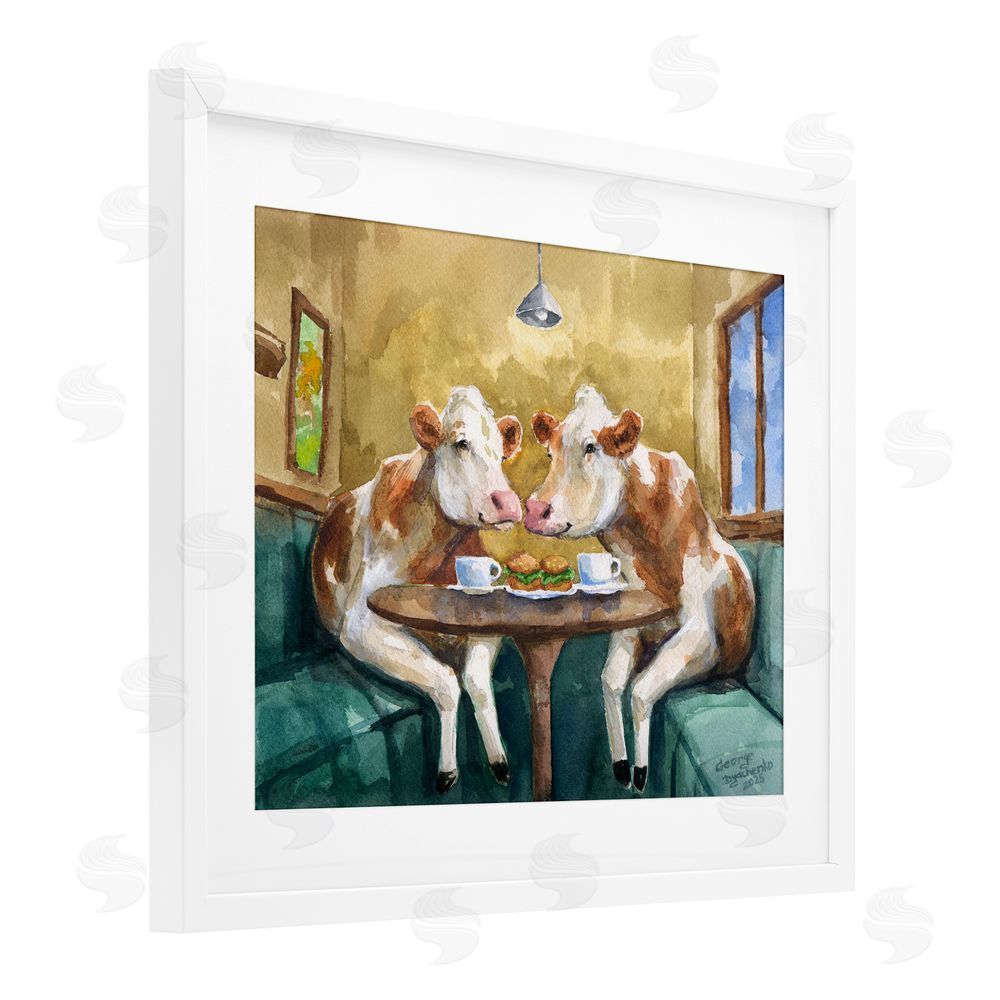 George Dyachenko Two Cows Cafe Brunch White Framed Print Under Glass with Mat Wall Art