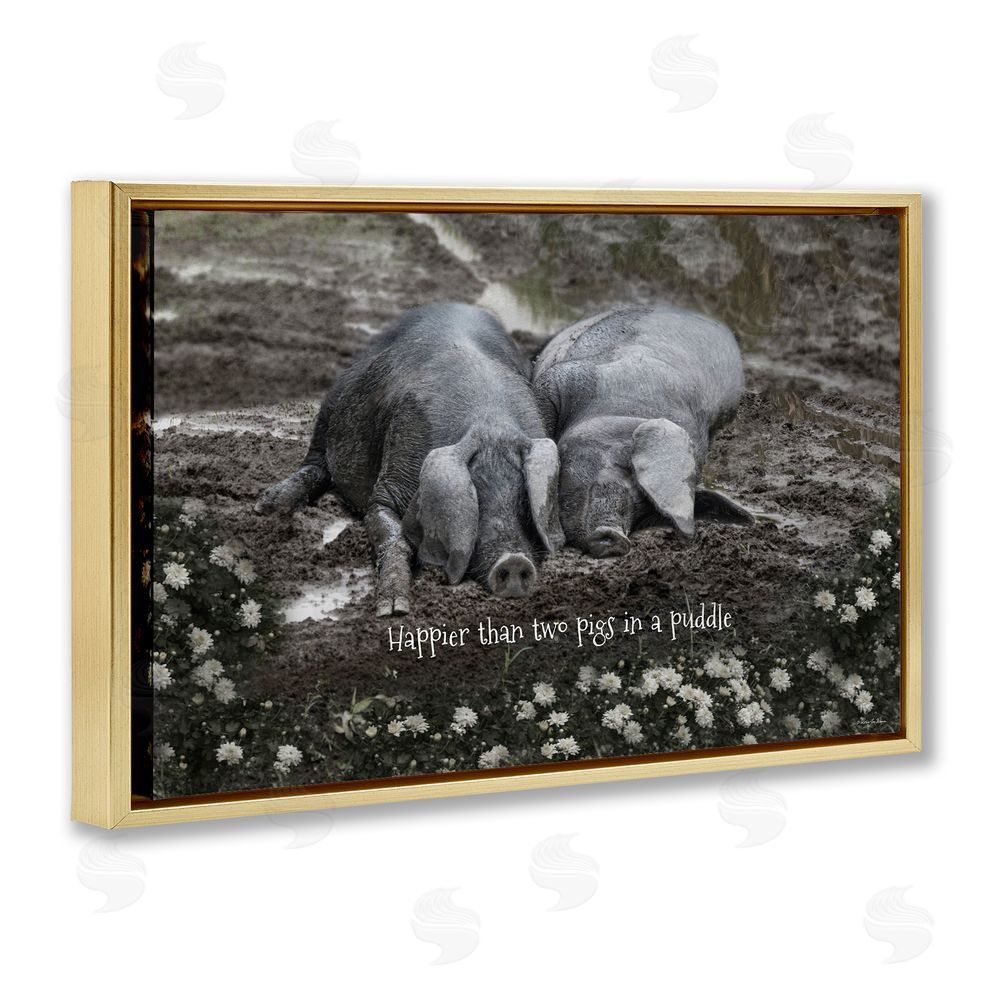 Robin-Lee Viera Happier Than Two Pigs In Puddle Gold Floating Frame Canvas Wall Art Print