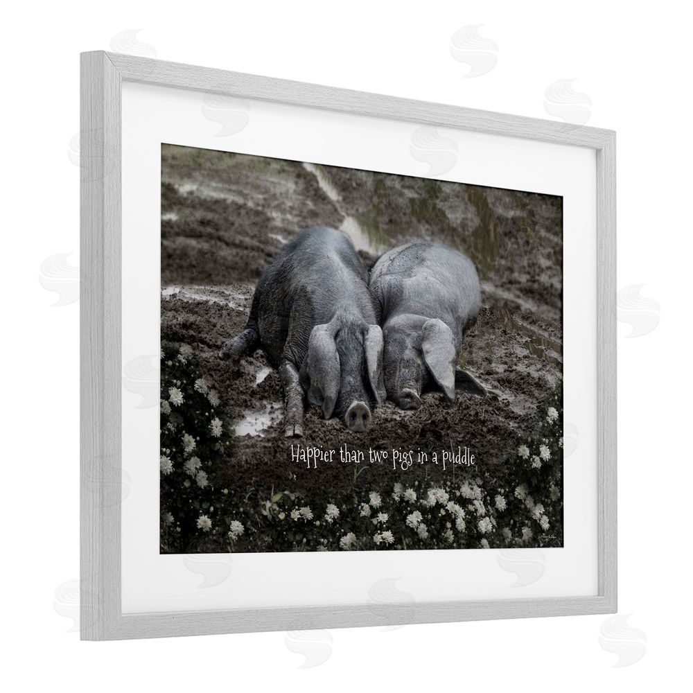 Robin-Lee Viera Happier Than Two Pigs In Puddle Gray Framed Print Under Glass with White Mat Wall Art