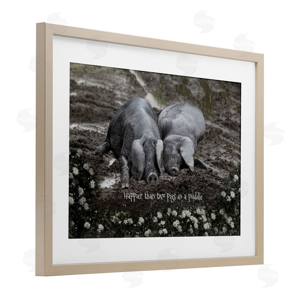 Robin-Lee Viera Happier Than Two Pigs In Puddle Birch Framed Print Under Glass with White Mat Wall Art