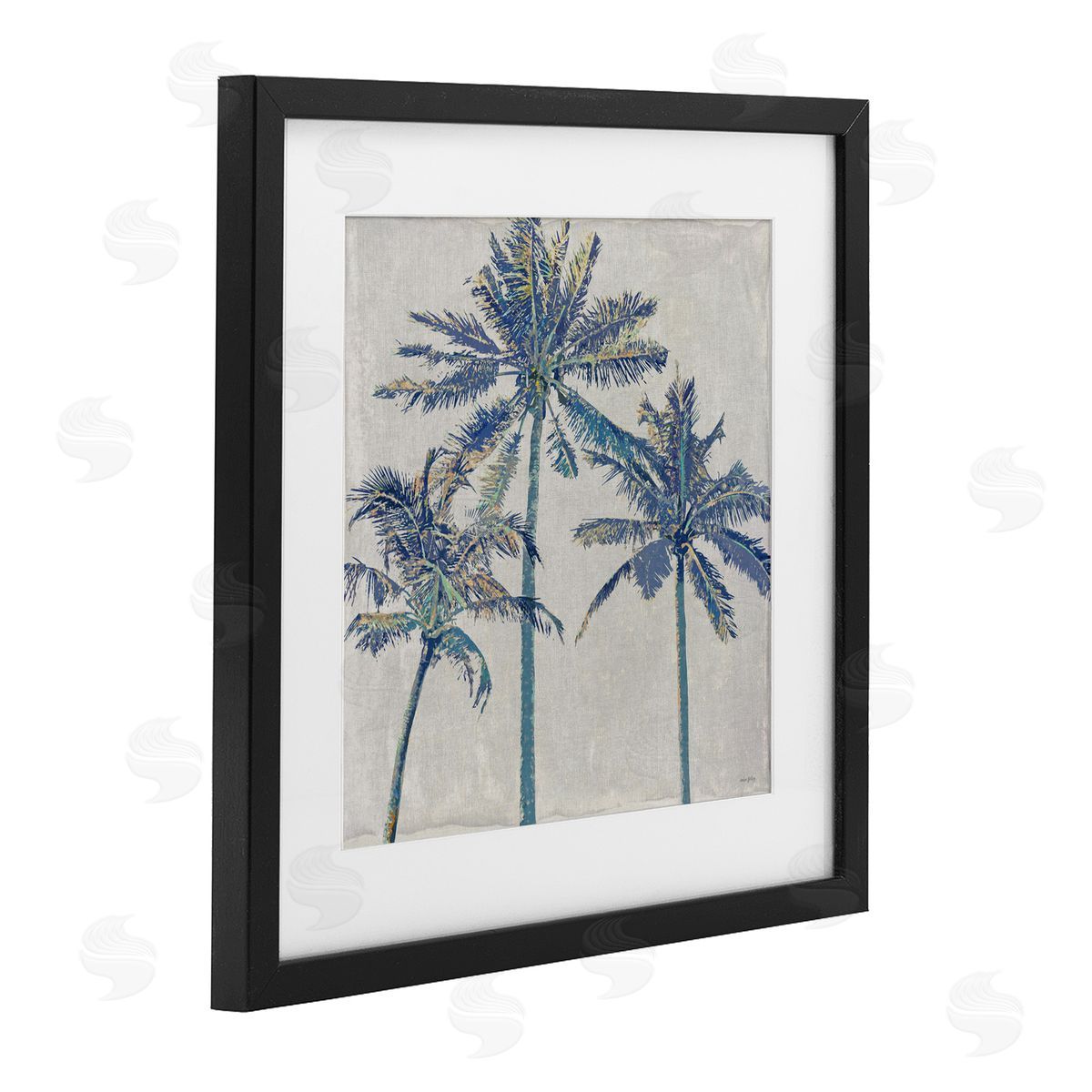 Amber Sterling Exotic Pop Blue Palms Black Framed Print Under Glass with White Mat Wall Art