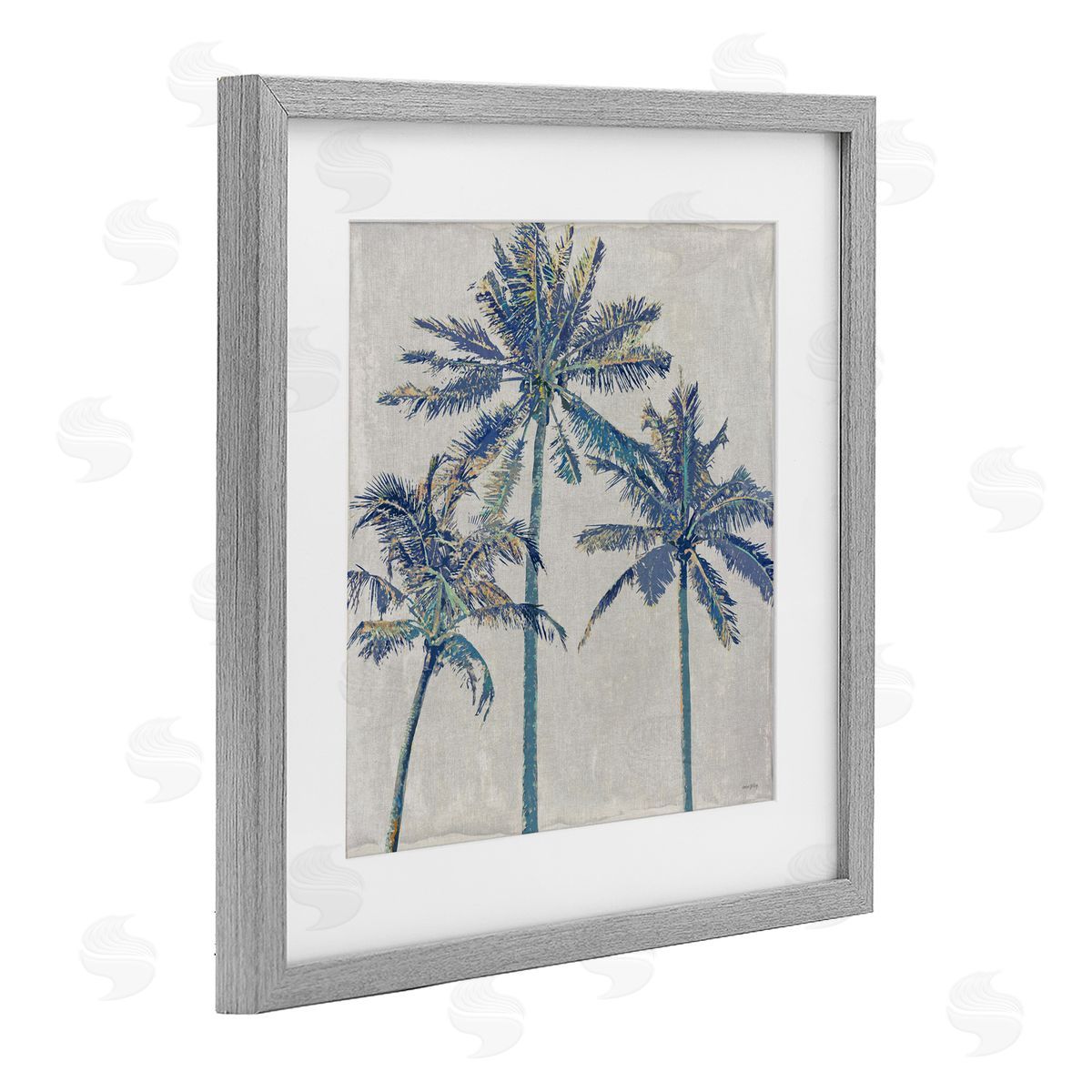 Amber Sterling Exotic Pop Blue Palms Gray Framed Print Under Glass with White Mat Wall Art