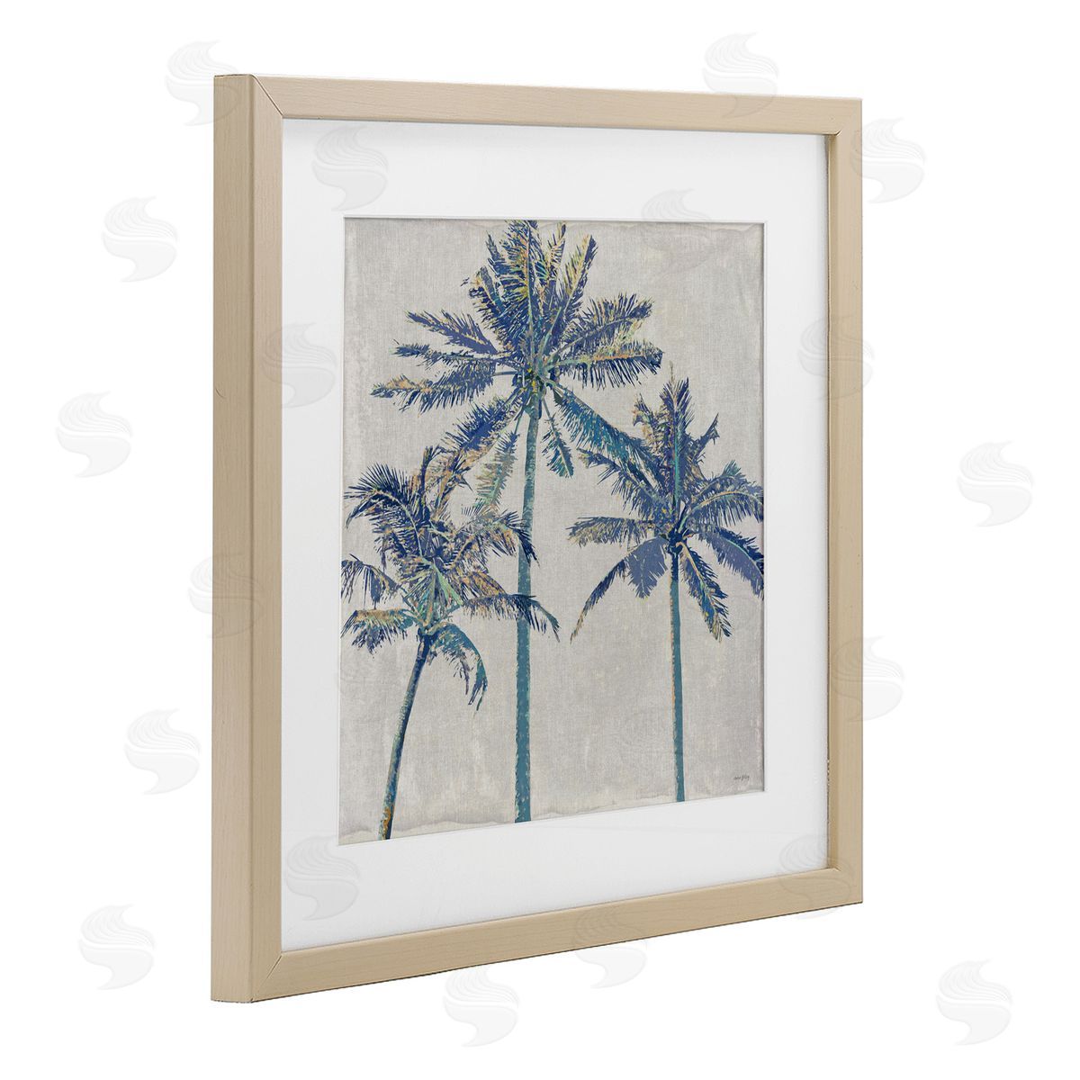 Amber Sterling Exotic Pop Blue Palms Birch Framed Print Under Glass with White Mat Wall Art