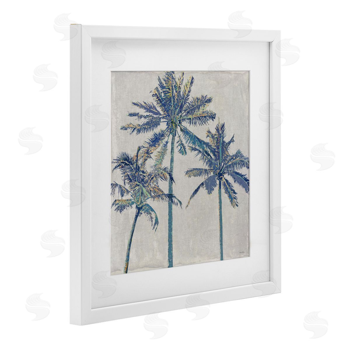Amber Sterling Exotic Pop Blue Palms White Framed Print Under Glass with Mat Wall Art