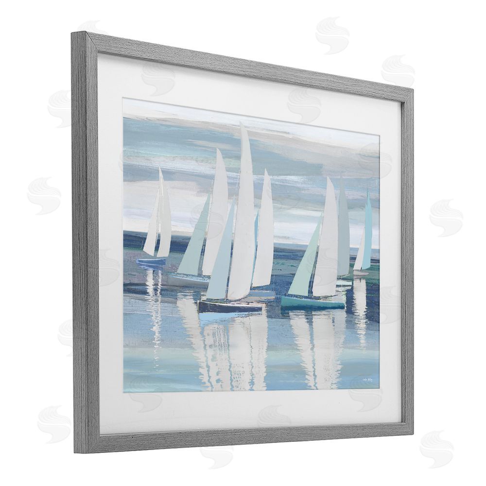 Amber Sterling Serenity At Sea Boats Gray Framed Print Under Glass with White Mat Wall Art