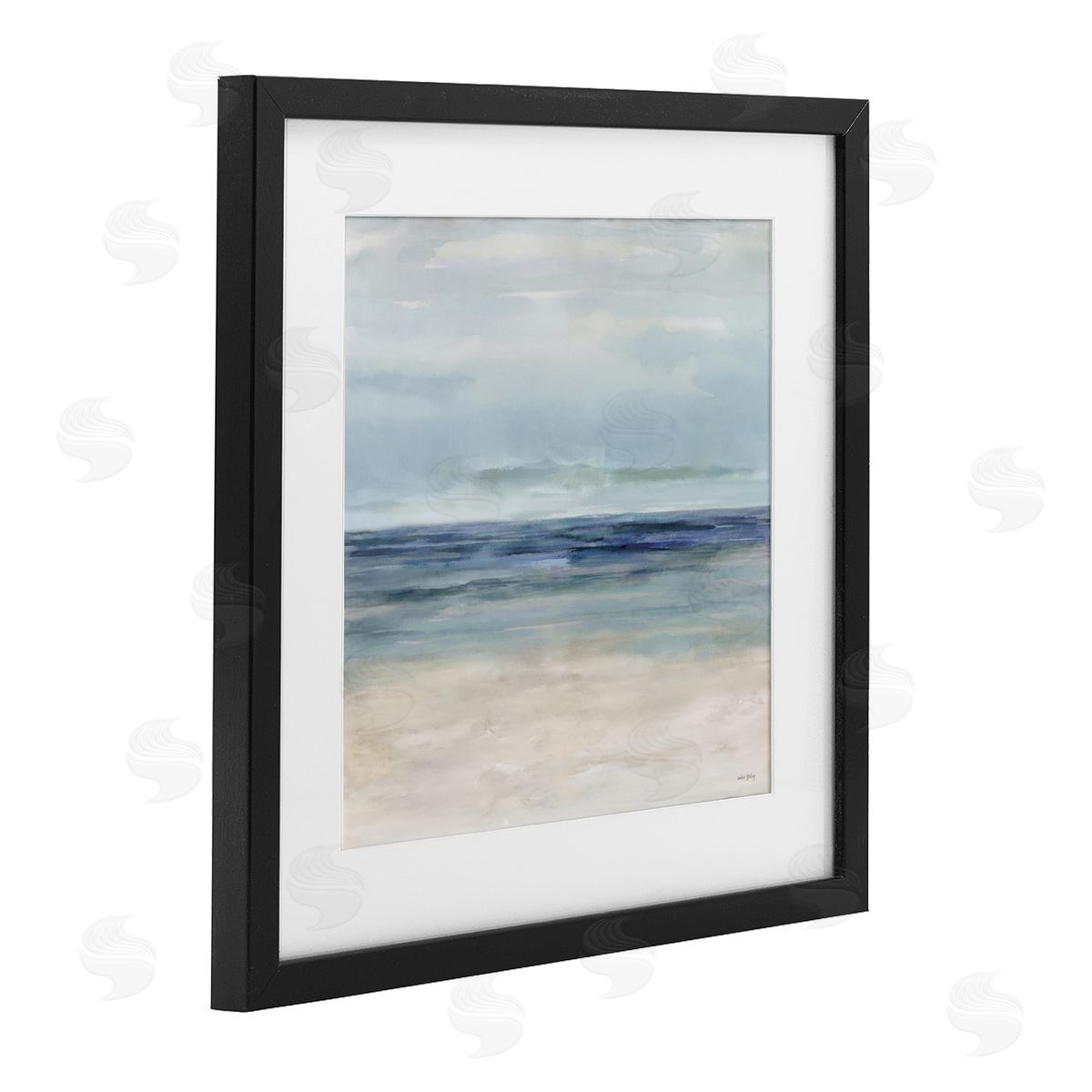 Amber Sterling Soft Aqua Coastline Black Framed Print Under Glass with White Mat Wall Art