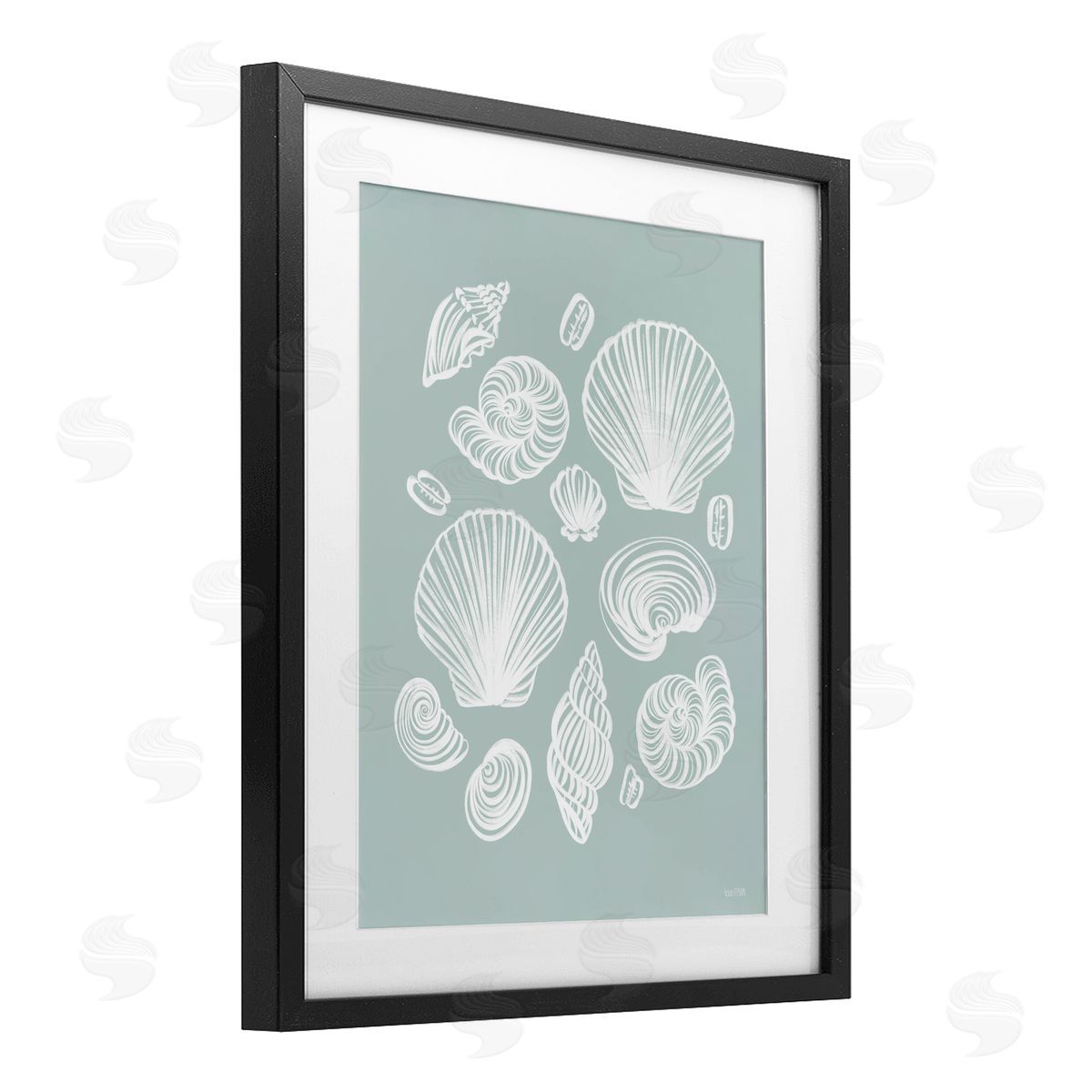 House Fenway Tossed Sea Shells Sea Foam Black Framed Print Under Glass with White Mat Wall Art