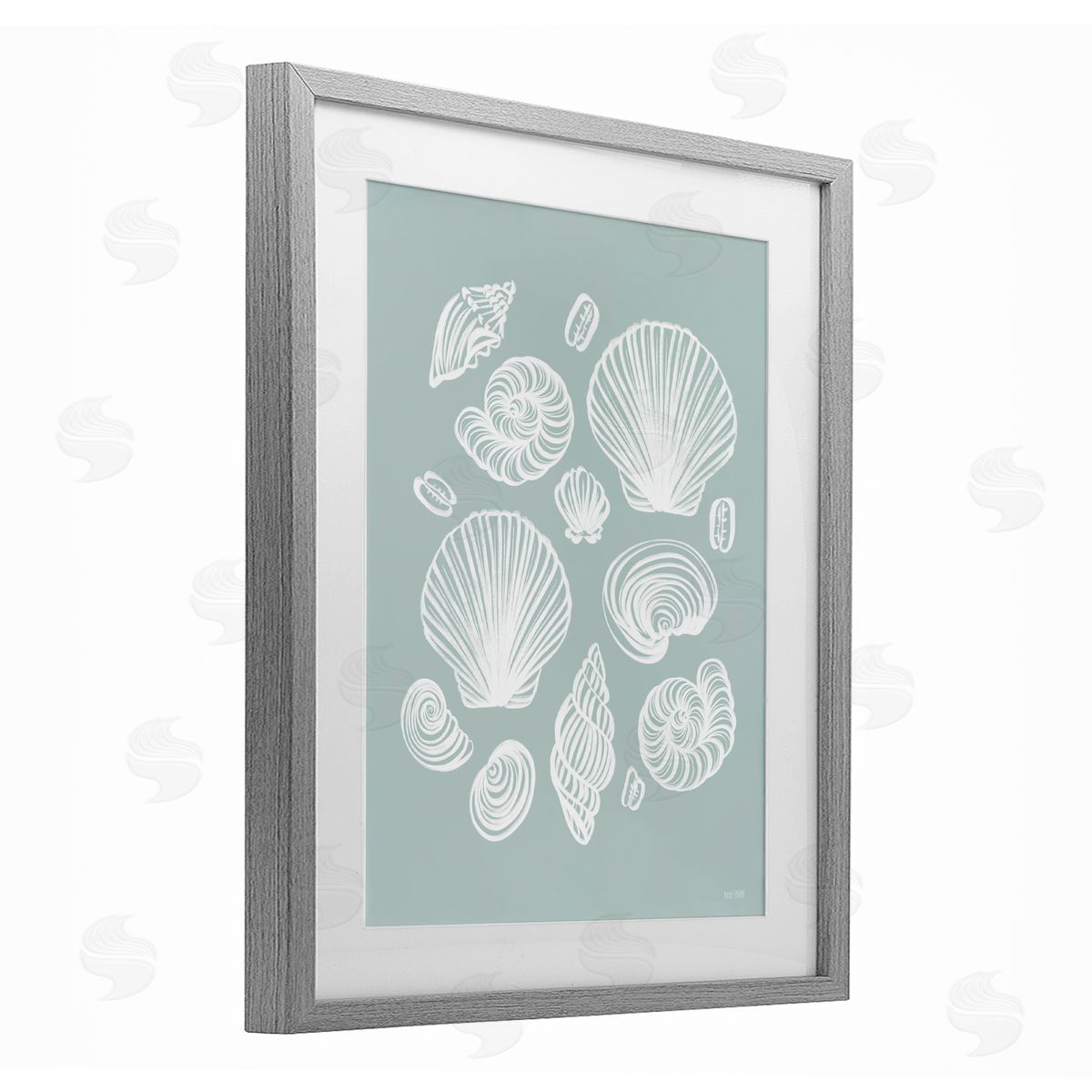 House Fenway Tossed Sea Shells Sea Foam Gray Framed Print Under Glass with White Mat Wall Art