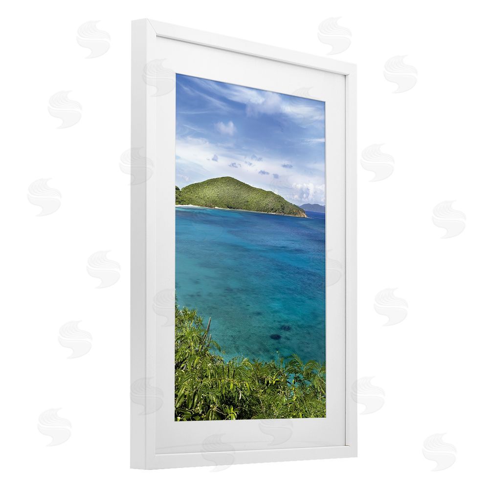 Seven Trees Design Tropical Island in Distance White Framed Print Under Glass with Mat Wall Art