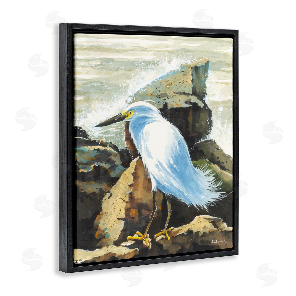 John Rossini Rocky Perch Coastal Cliff Bird Black Floating Frame Canvas Wall Art Print