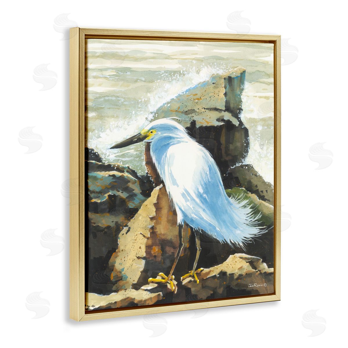 John Rossini Rocky Perch Coastal Cliff Bird Gold Floating Frame Canvas Wall Art Print