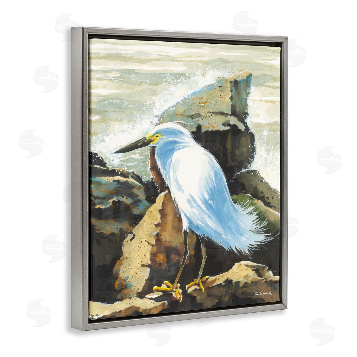 John Rossini Rocky Perch Coastal Cliff Bird Gray Floating Frame Canvas Wall Art Print