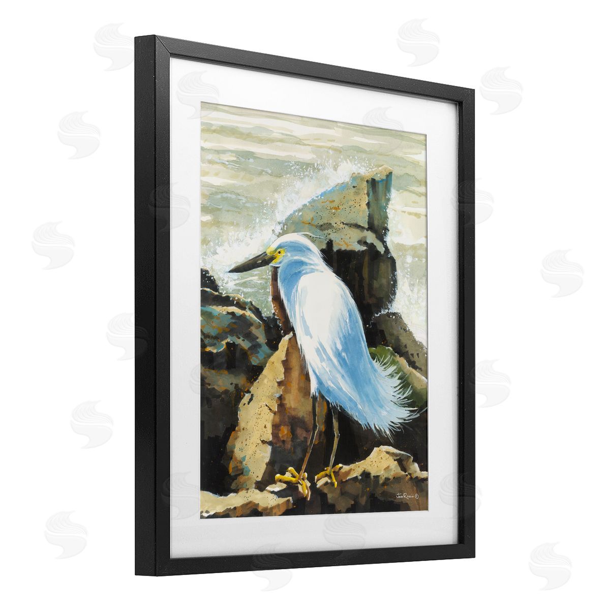 John Rossini Rocky Perch Coastal Cliff Bird Black Framed Print Under Glass with White Mat Wall Art