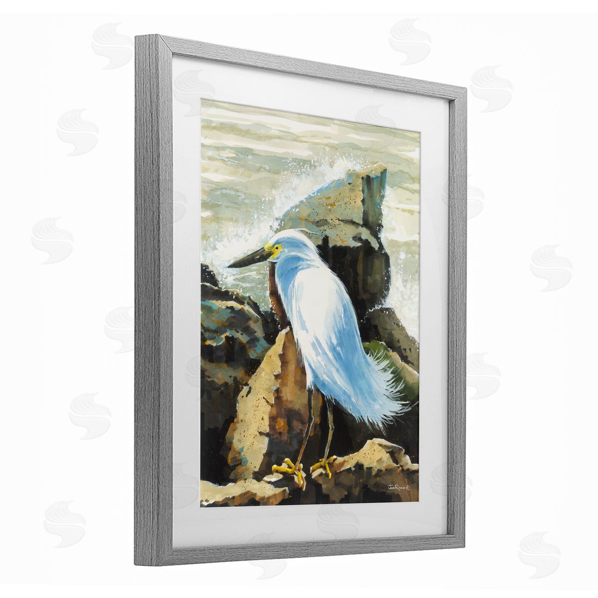 John Rossini Rocky Perch Coastal Cliff Bird Gray Framed Print Under Glass with White Mat Wall Art