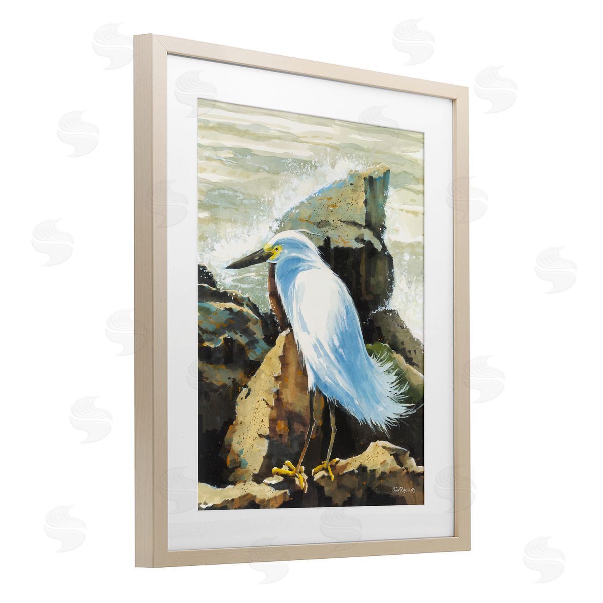 John Rossini Rocky Perch Coastal Cliff Bird Birch Framed Print Under Glass with White Mat Wall Art