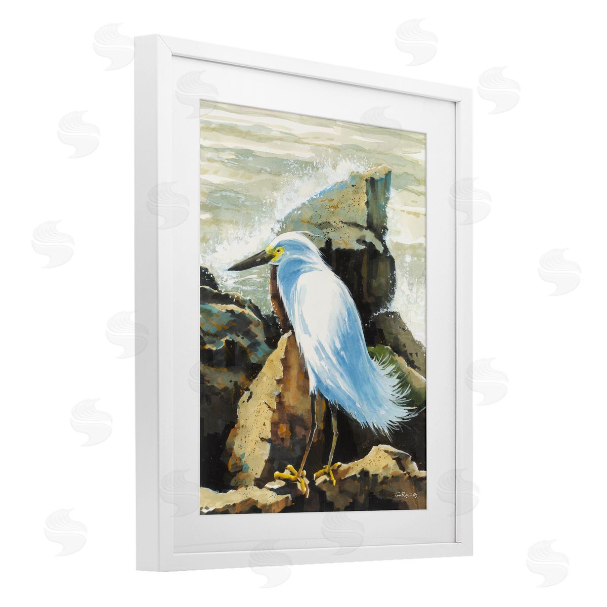 John Rossini Rocky Perch Coastal Cliff Bird White Framed Print Under Glass with Mat Wall Art