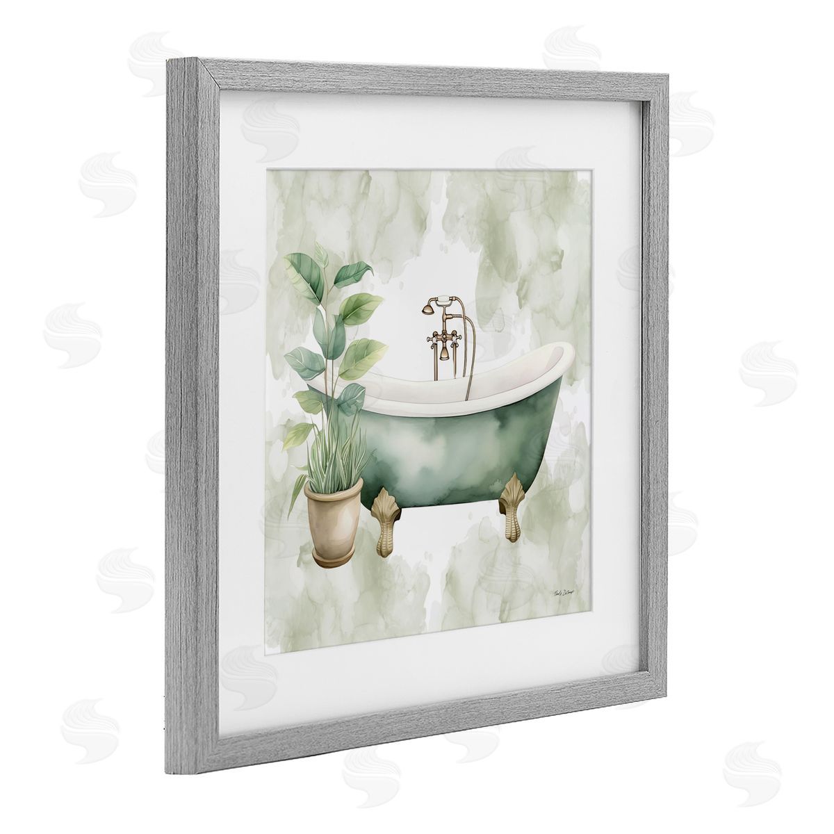 Nicole DeCamp Bath Oasis with Plant Gray Framed Print Under Glass with White Mat Wall Art