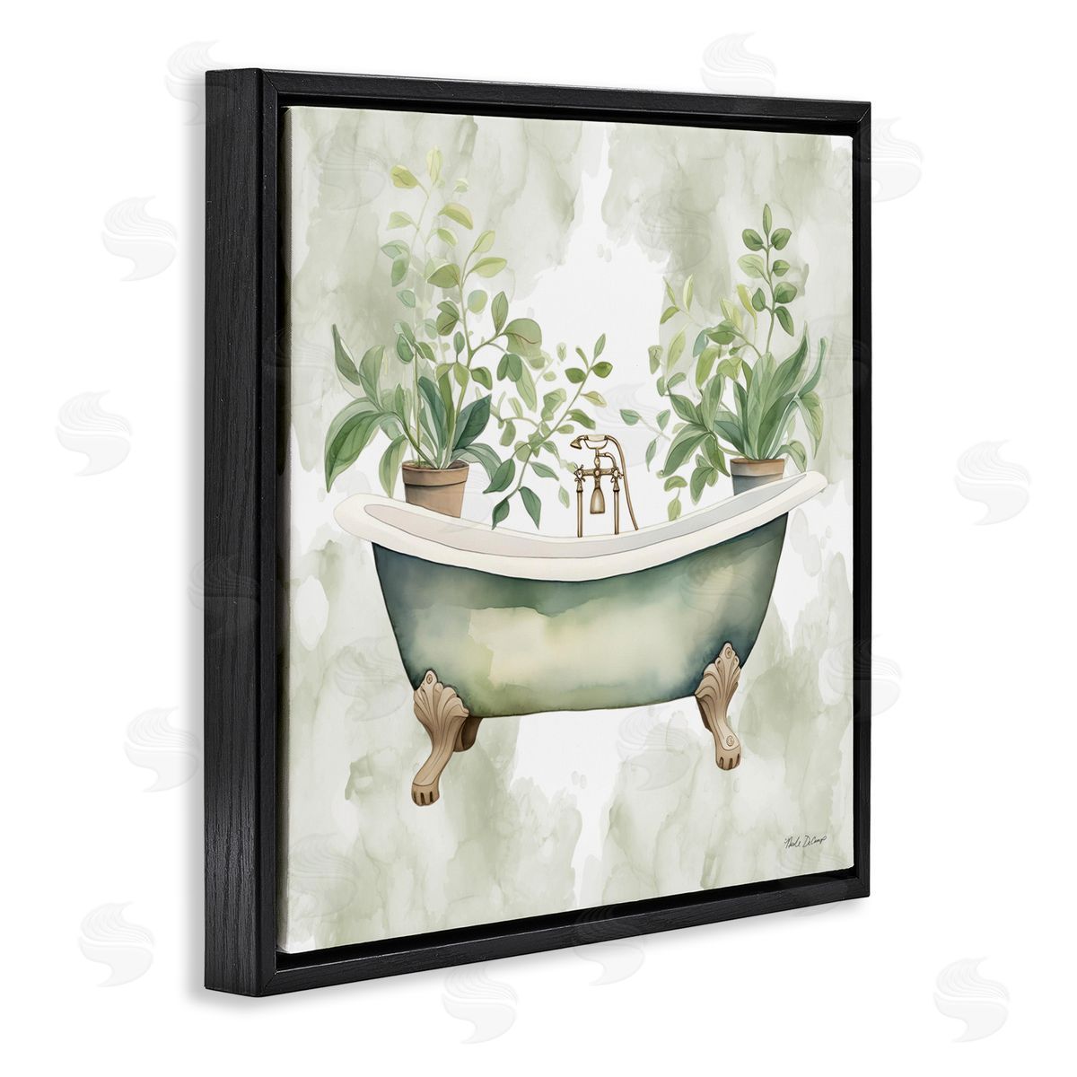 Nicole DeCamp Bath Oasis with Greenery Black Floating Frame Canvas Wall Art Print