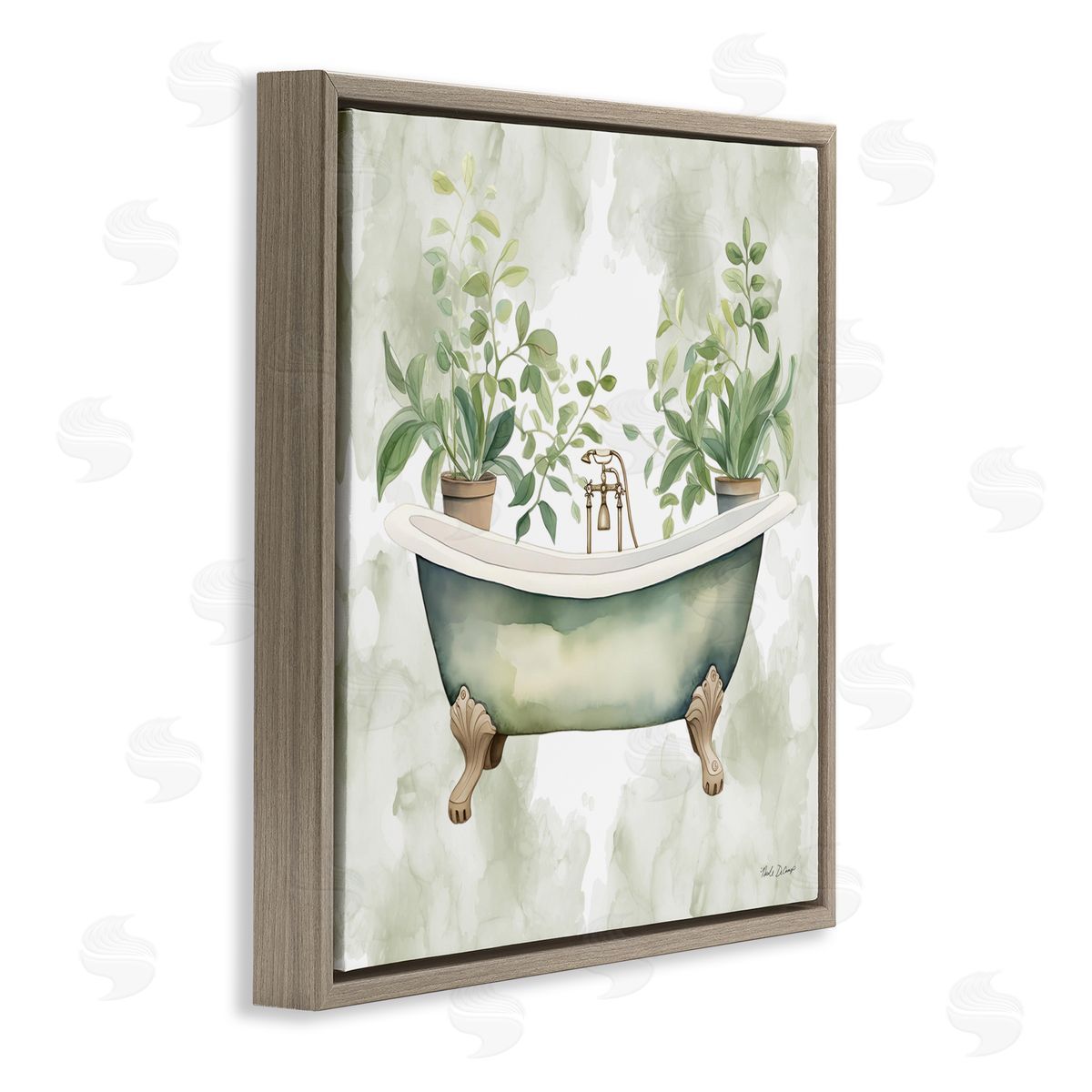 Nicole DeCamp Bath Oasis with Greenery Brown Floating Frame Canvas Wall Art Print