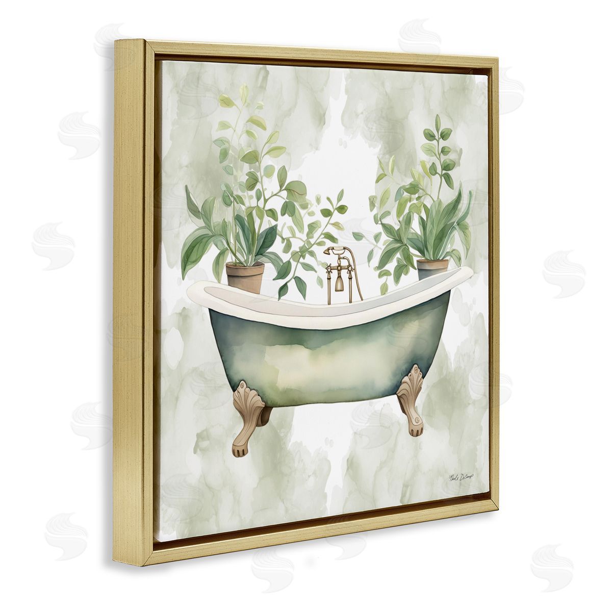 Nicole DeCamp Bath Oasis with Greenery Gold Floating Frame Canvas Wall Art Print