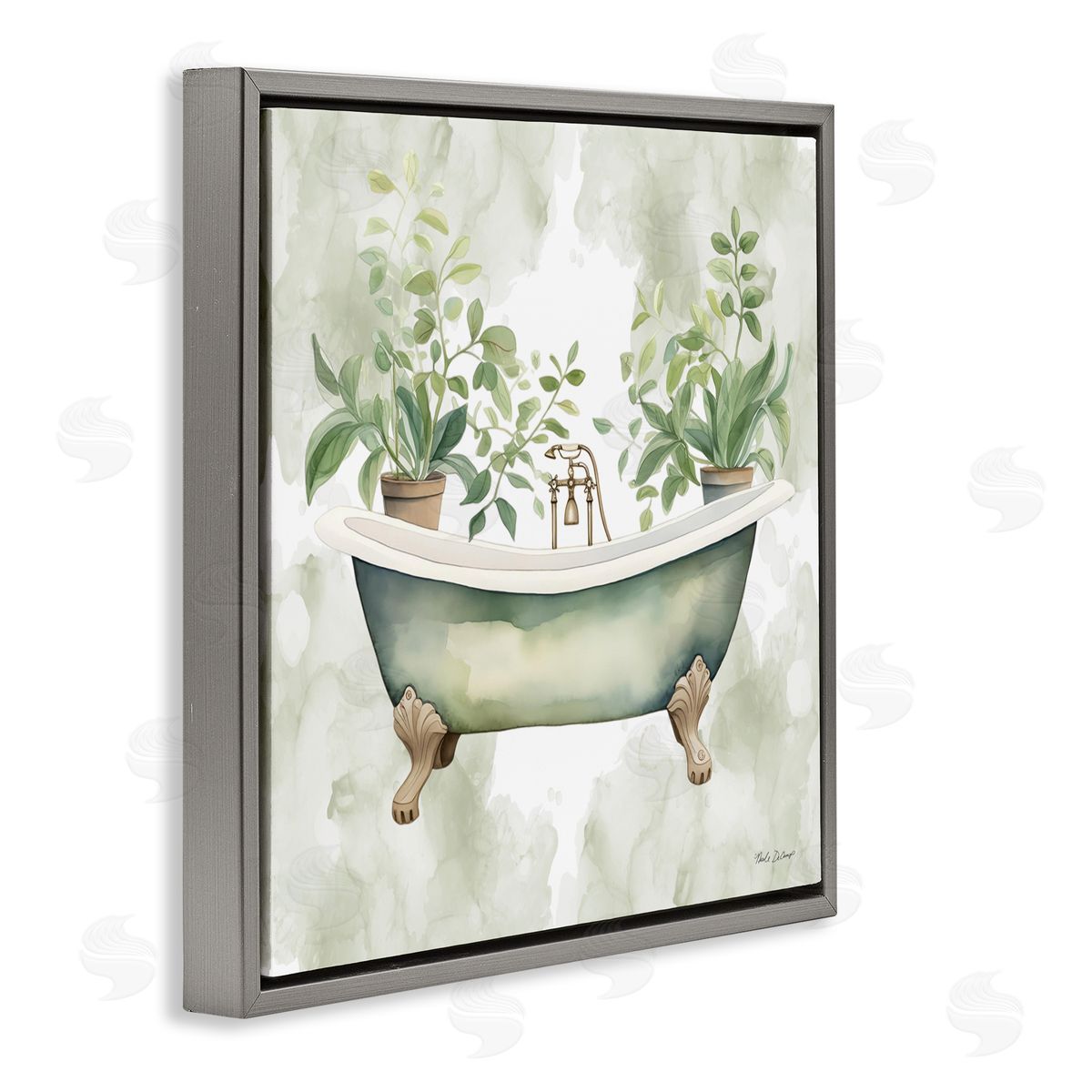 Nicole DeCamp Bath Oasis with Greenery Gray Floating Frame Canvas Wall Art Print