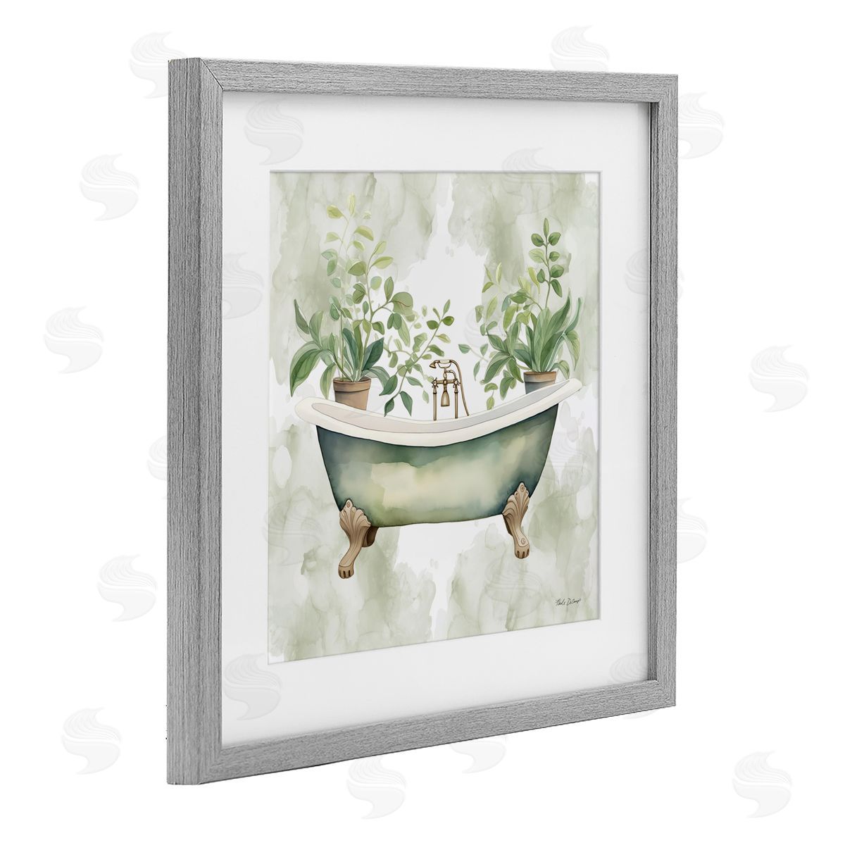 Nicole DeCamp Bath Oasis with Greenery Gray Framed Print Under Glass with White Mat Wall Art