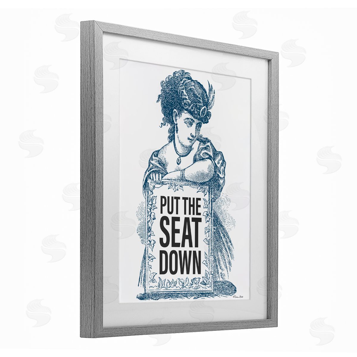 Susan Ball Put The Seat Down Vintage Gray Framed Print Under Glass with White Mat Wall Art