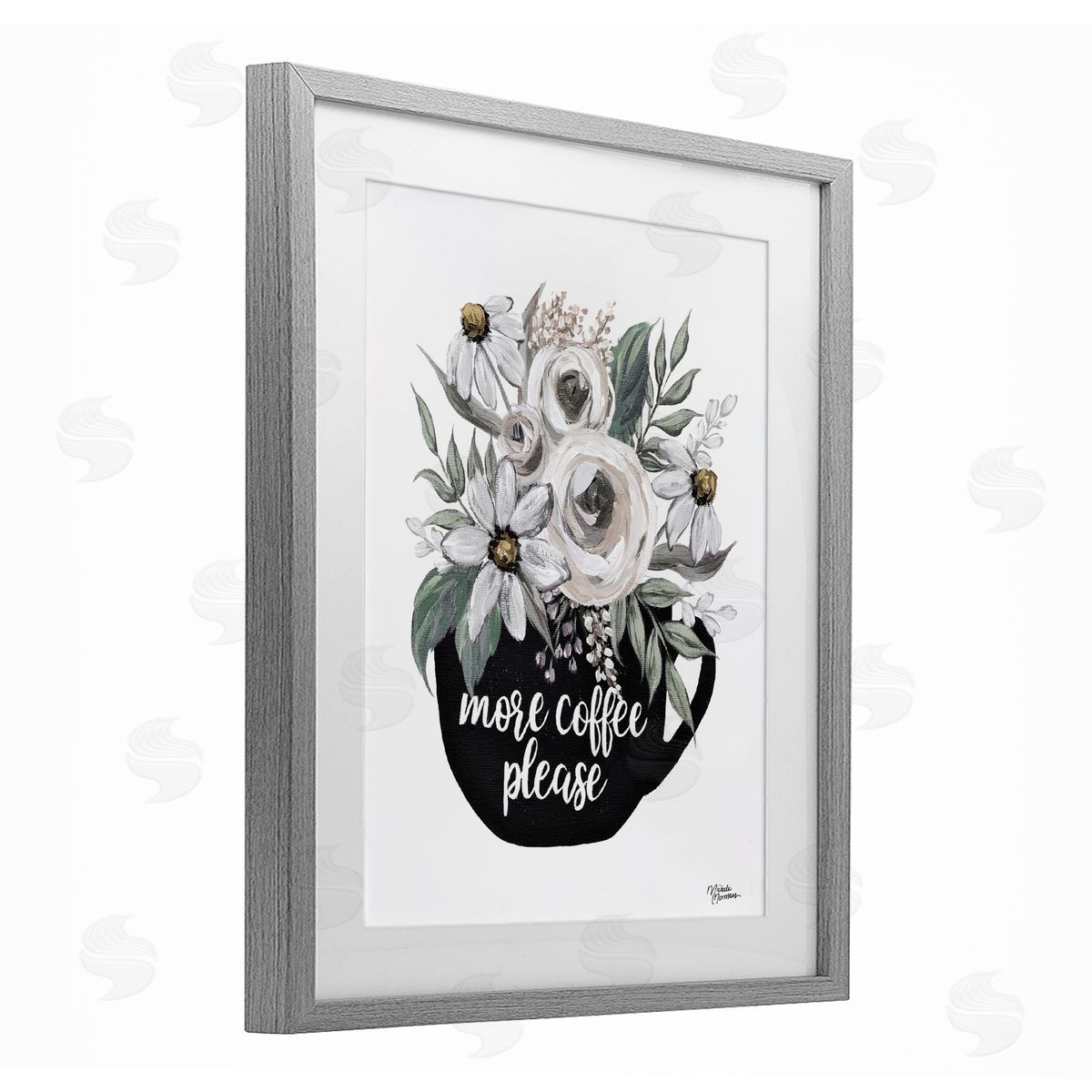 Michele Norman More Coffee Please Arrangement Gray Framed Print Under Glass with White Mat Wall Art