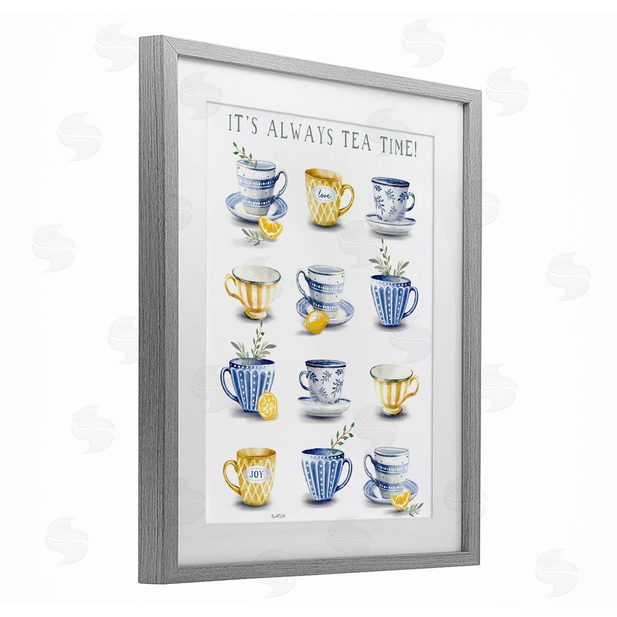 Elizabeth Tyndall It's Always Tea Time Gray Framed Print Under Glass with White Mat Wall Art