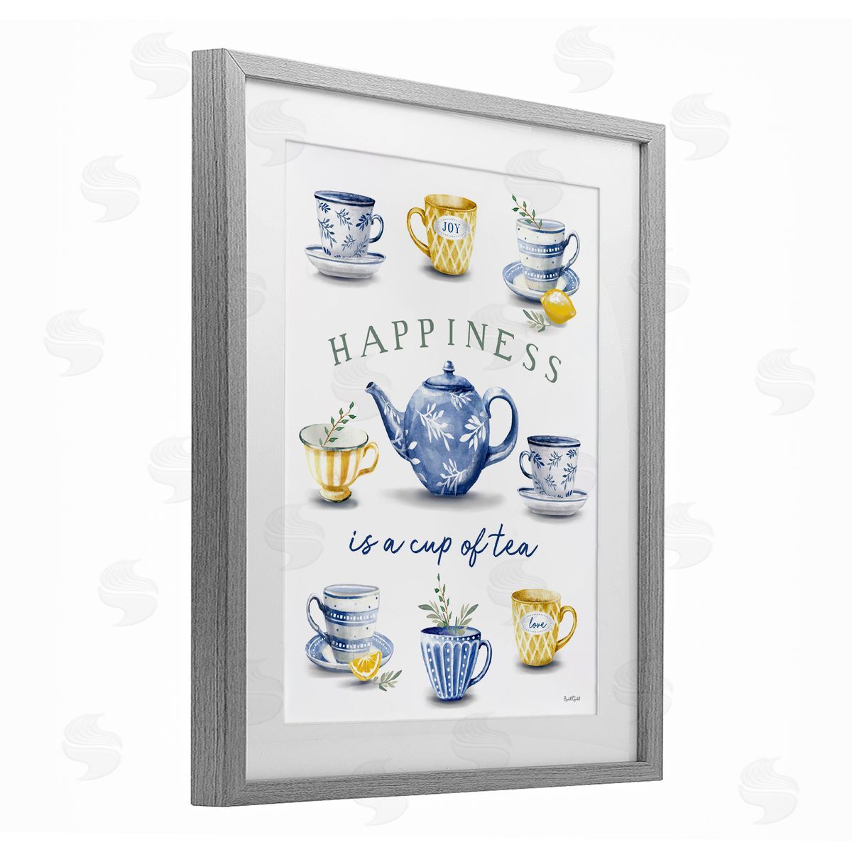 Elizabeth Tyndall Happiness is a Cup of Tea Gray Framed Print Under Glass with White Mat Wall Art