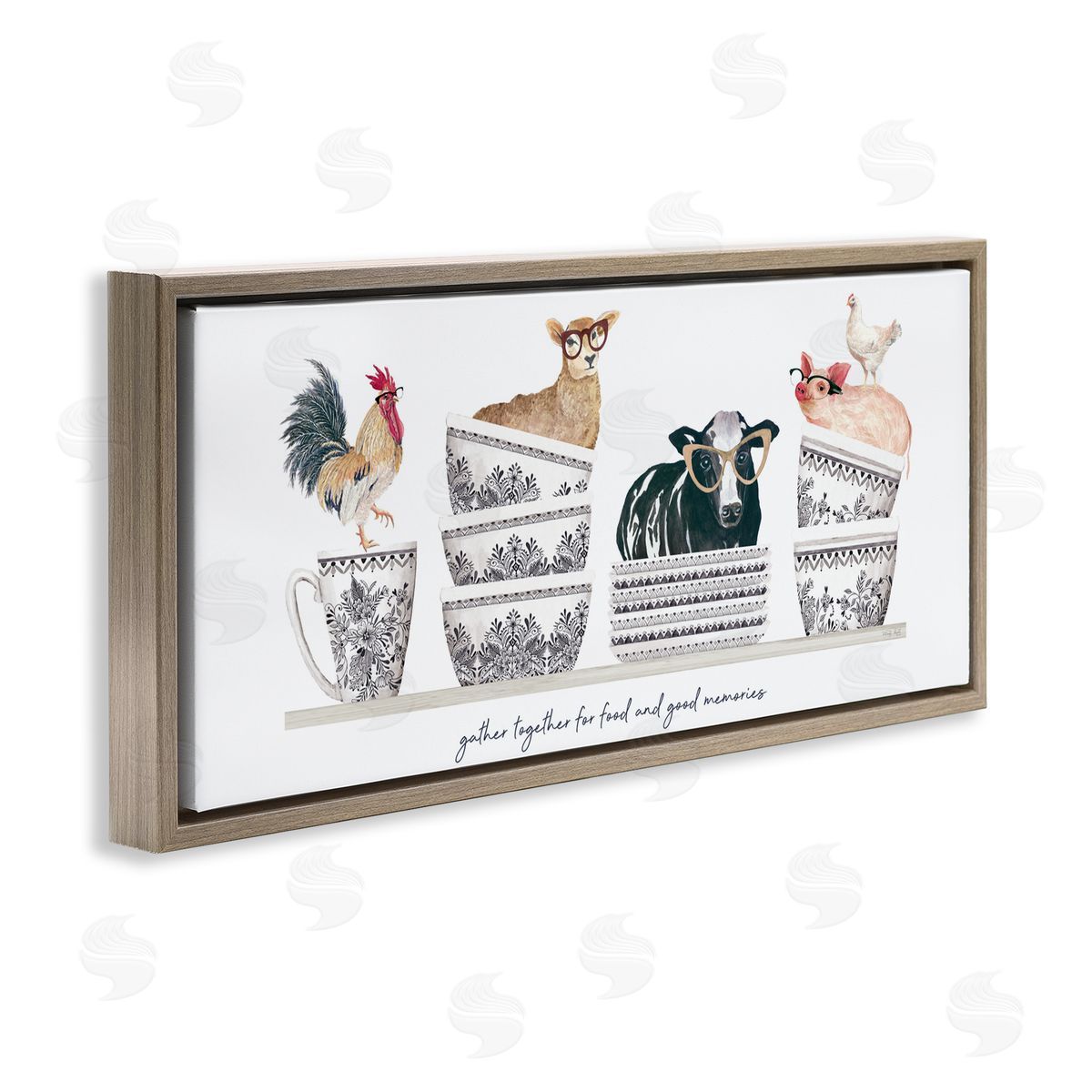 Cindy Jacobs Gather for Food Animal Bowls Brown Floating Frame Canvas Wall Art Print