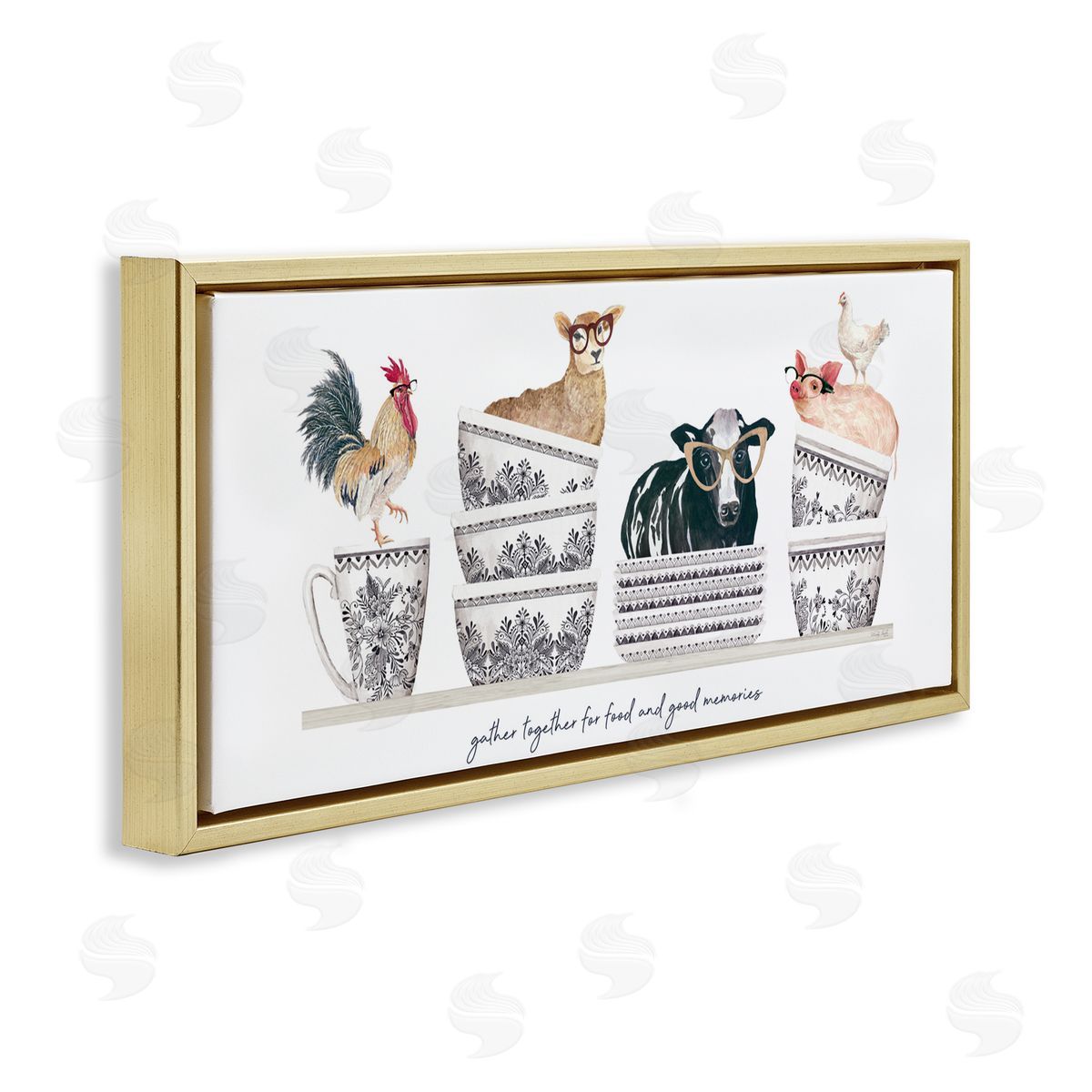 Cindy Jacobs Gather for Food Animal Bowls Gold Floating Frame Canvas Wall Art Print