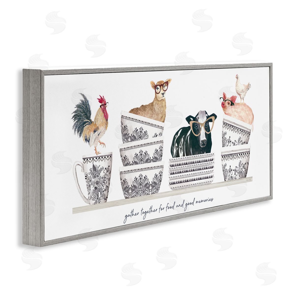 Cindy Jacobs Gather for Food Animal Bowls Gray Framed Giclee Wall Art Print