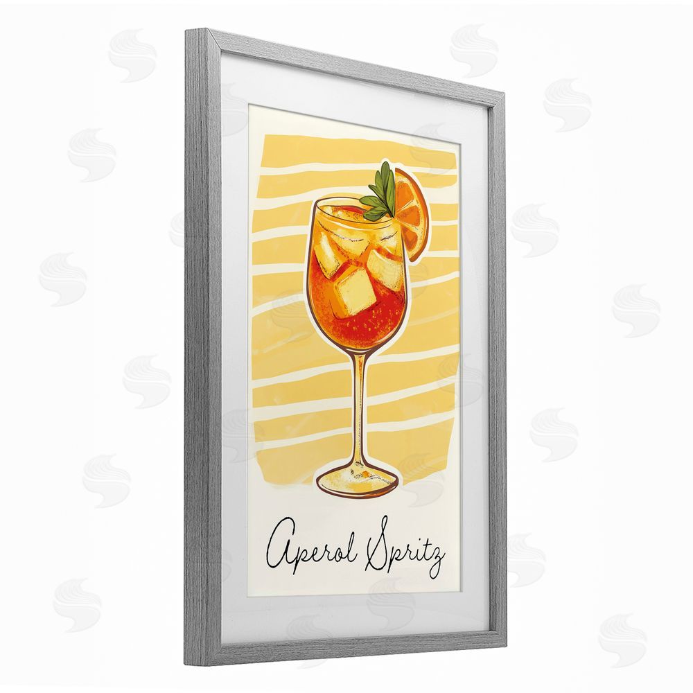 Heidi Kuntz Aperol Spritz and Yellow Stripes Gray Framed Print Under Glass with White Mat Wall Art
