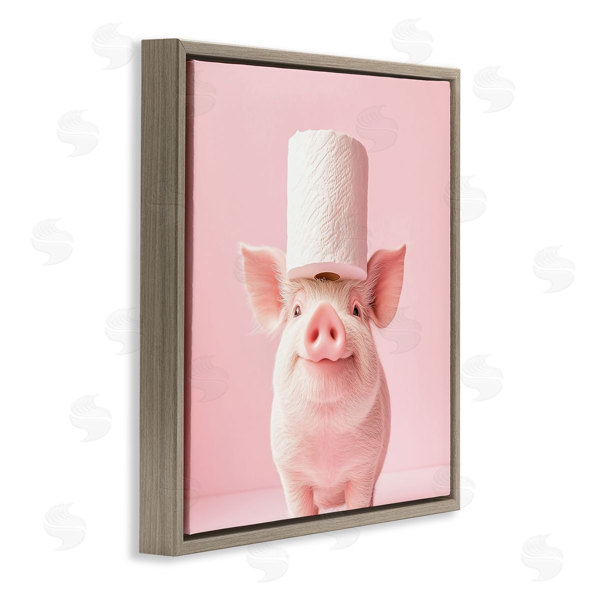 Heidi Kuntz Silly Piggy Pink Toilet Paper Brown Floating Frame Canvas Wall Art Print