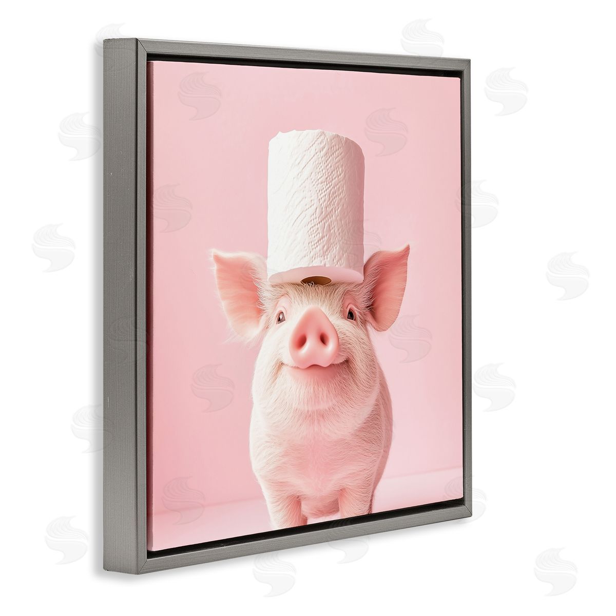 Heidi Kuntz Silly Piggy Pink Toilet Paper Gray Floating Frame Canvas Wall Art Print